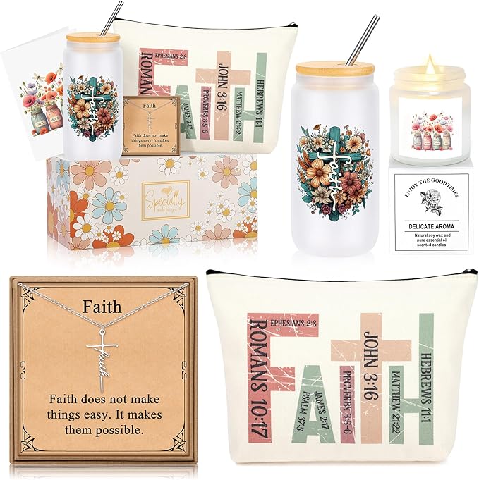 "Faith" Mother's Day Gift Set (Glass, Necklace, Candle, Makeup Bag