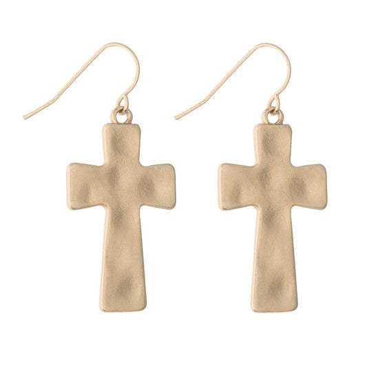 Matte Gold Hammered Cross Earrings