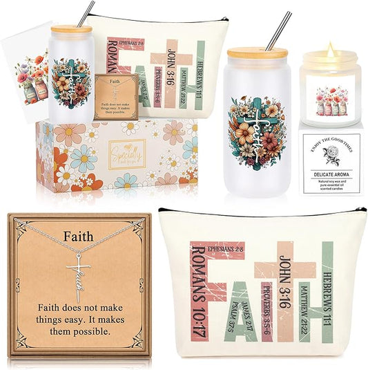 "Faith" Mother's Day Gift Set (Glass, Necklace, Candle, Makeup Bag